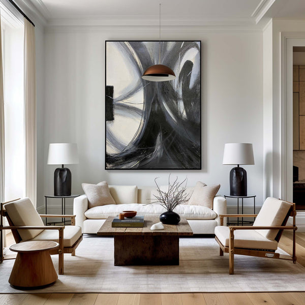 Modern Abstract Wall Art Large Acrylic Painting Black And Grey Line Abstract Painting For Livingroom