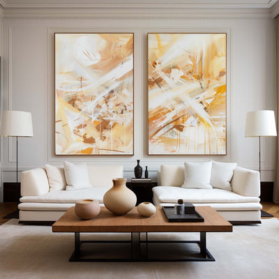Yellow And White Set Of 2 Canvas Art Large Abstract Minimalist Line Art Modern Diptych Wall Art 