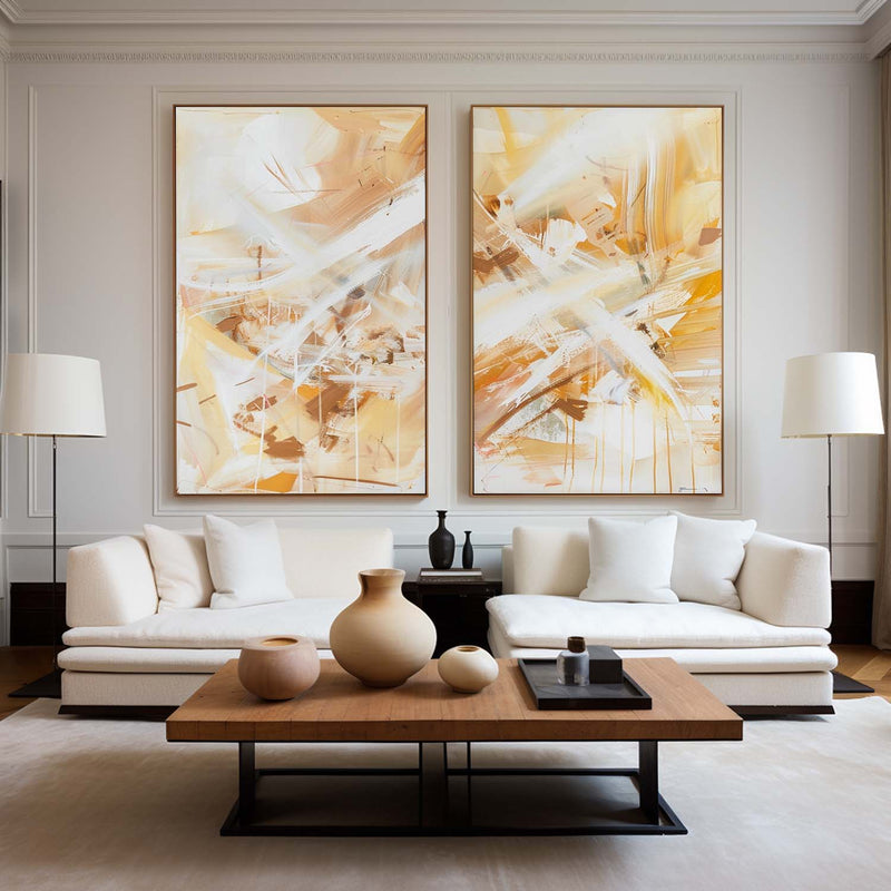 Yellow And White Set Of 2 Canvas Art Large Abstract Minimalist Line Art Modern Diptych Wall Art 