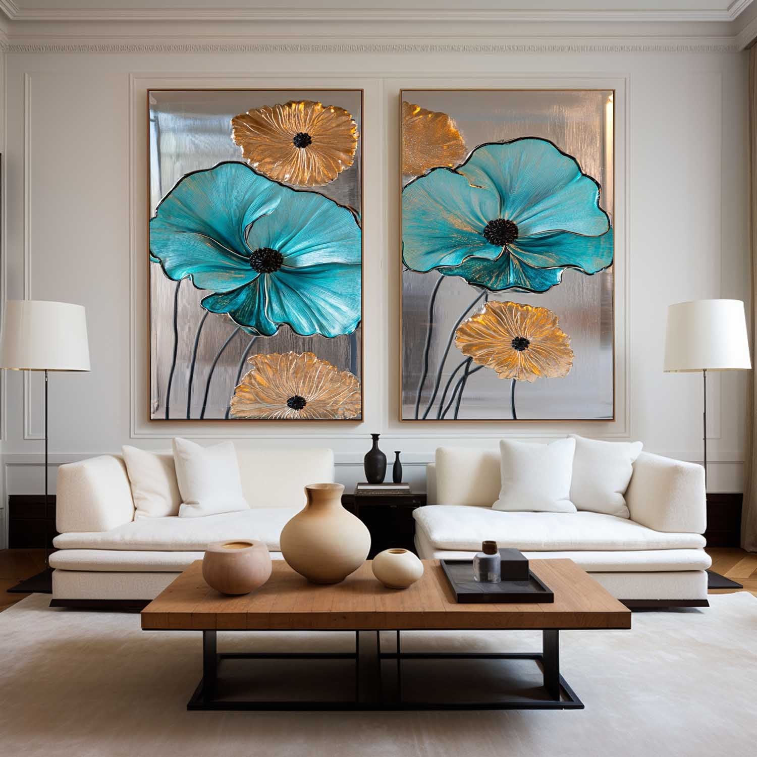 Diptych Turquoise Flowers Art Painting, Set Of 2 Silver Color Rich Texture Art Large Abstract Wall Art 