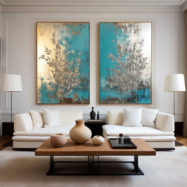 Diptych Turquoise Painting, Set Of 2 Bauhaus Art Decoration Large Silver Textured Wall Art 