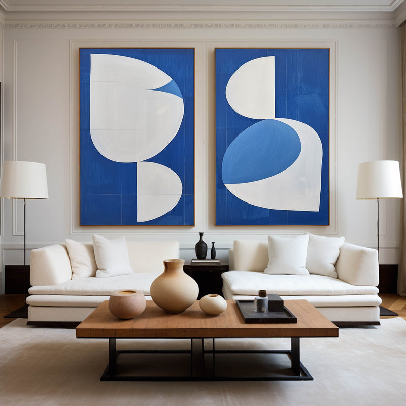 Large Blue And White Abstract Art Diptych Painting 2 piece Geometric Minimalist Art Acrylic Painting On Canvas