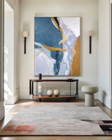 Large Vertical Blue Gold Wall Art Oversized Abstract Canvas Art For Living Room