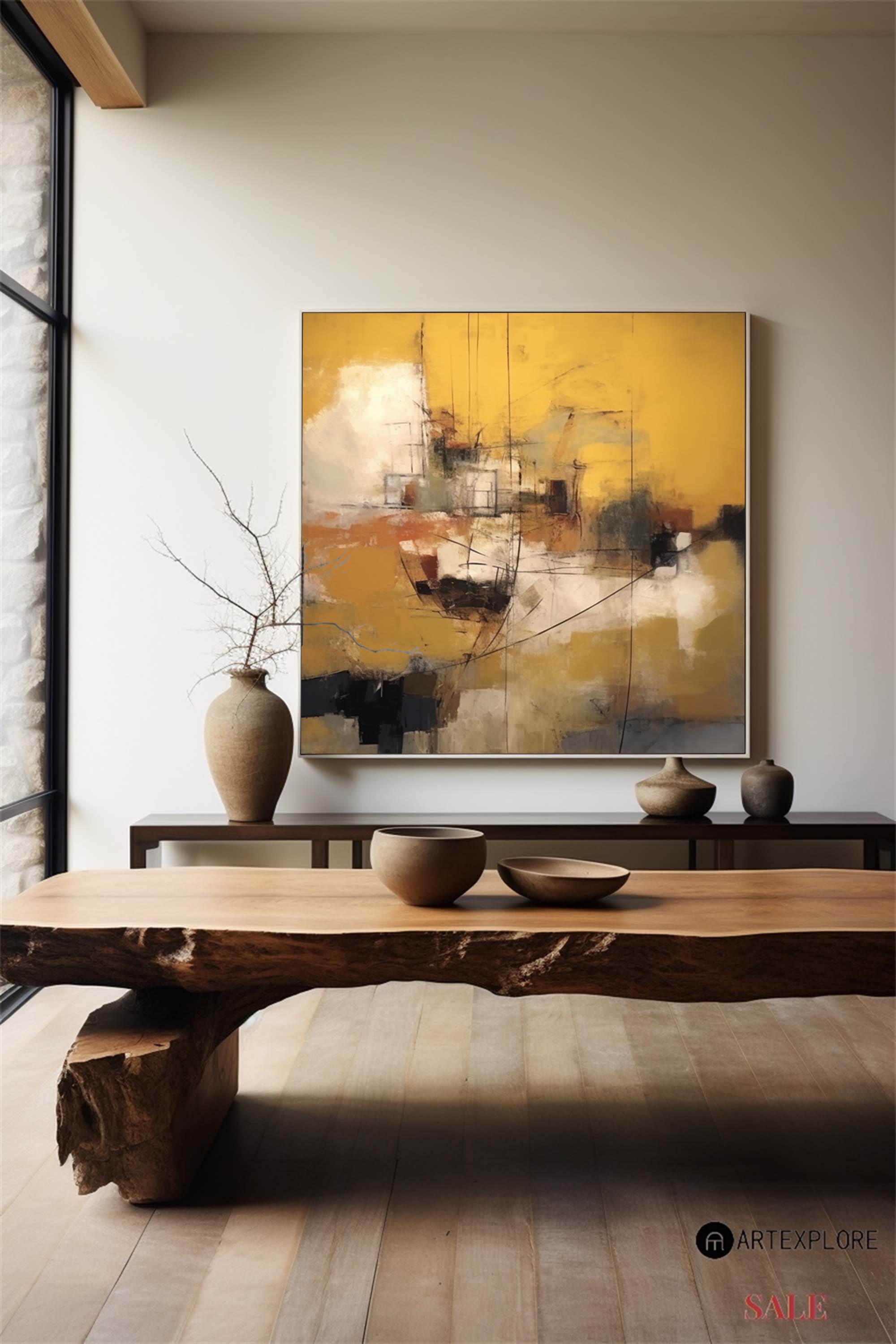 Heavy Texture Dark Yellow Abstract Art On Canvas Modern Palette Knife Painting Abstract Painting
