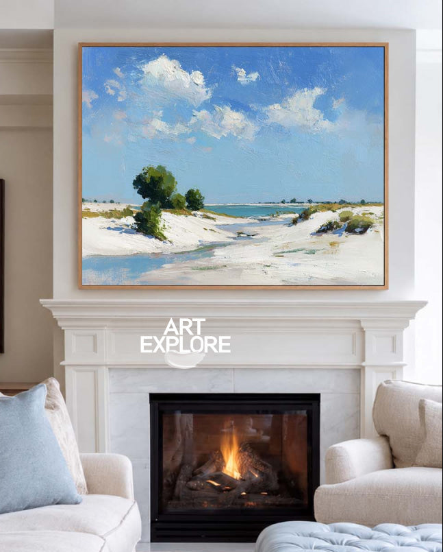 Original Azure Sky And Sand Dune Oil Art With Green Accents For Home Wall Decor