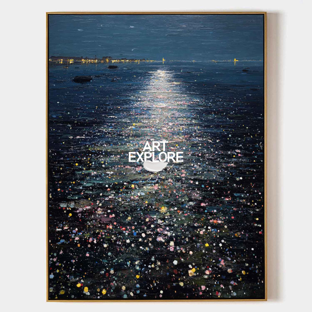 Abstract Moonlit Ocean Painting With Textured Blue Waves For Modern Home Decor