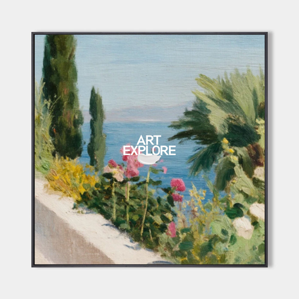 Modern Mediterranean Floral Seascape Painting With Pink Roses And Blue Ocean View For Living Room Decor