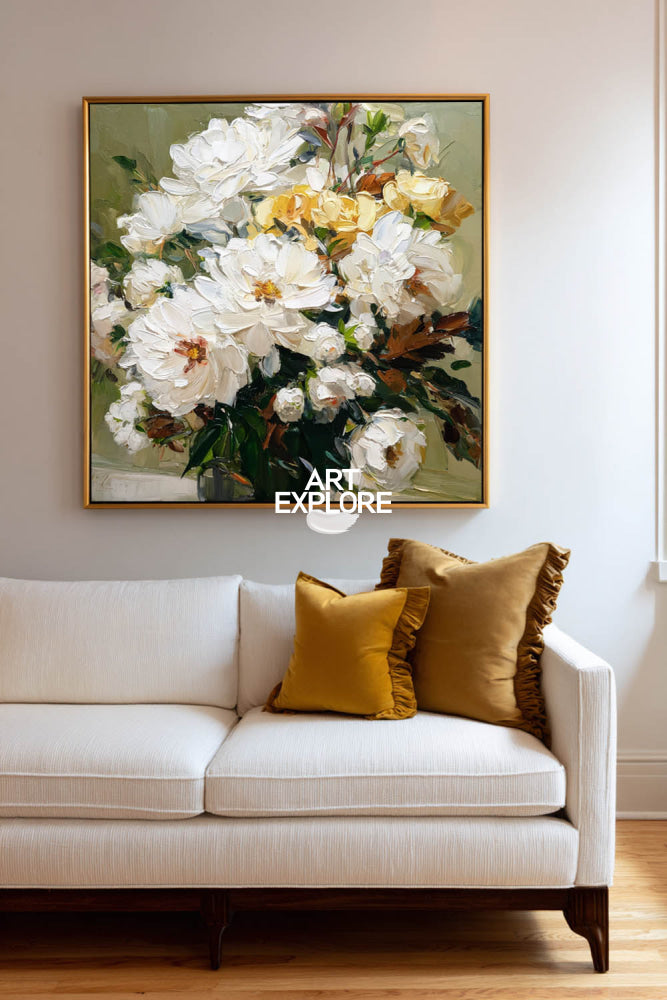 Textured White Peony Bouquet Painting Modern Floral Art For Living Room Decor