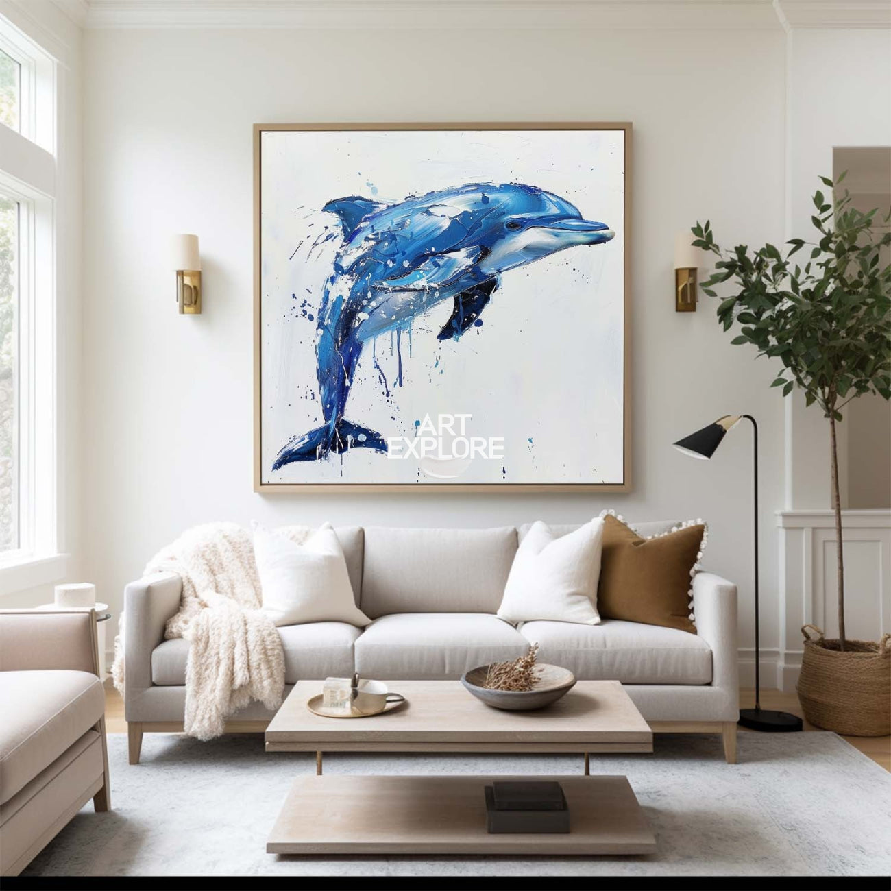 Big Blue And White Dolphin Wall Decor,Canvas Painting Of Dolphin,Cute Dolphin Painting,Blue Art Canvas For Living Room