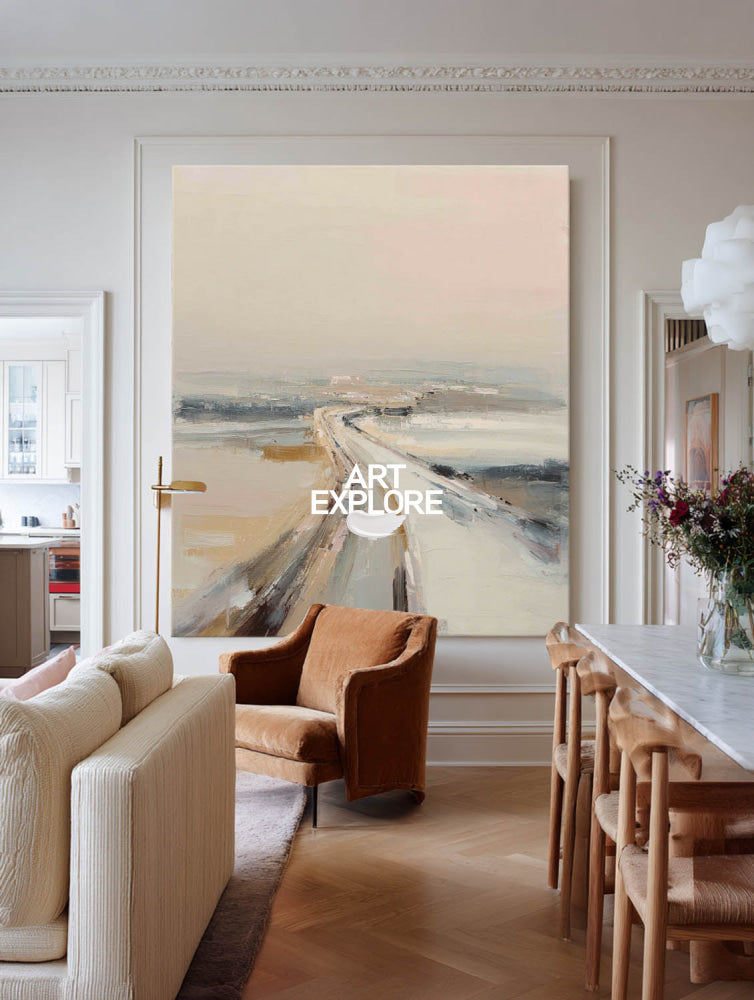 Modern Abstract Road Painting Textured Beige And Grey Square Canvas Art For Living Room