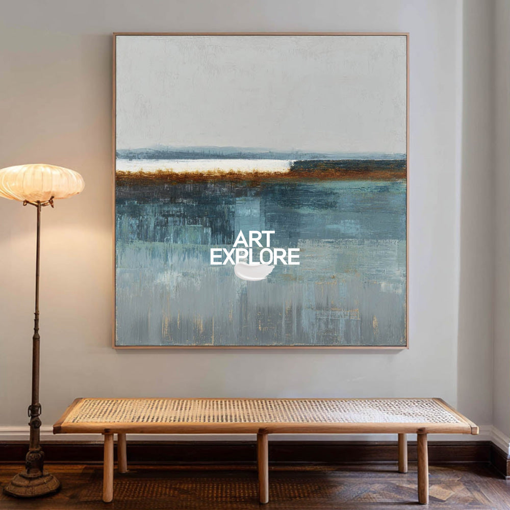 Minimalist Square Abstract Art In Blue Gray And Brown For Modern Interior Design