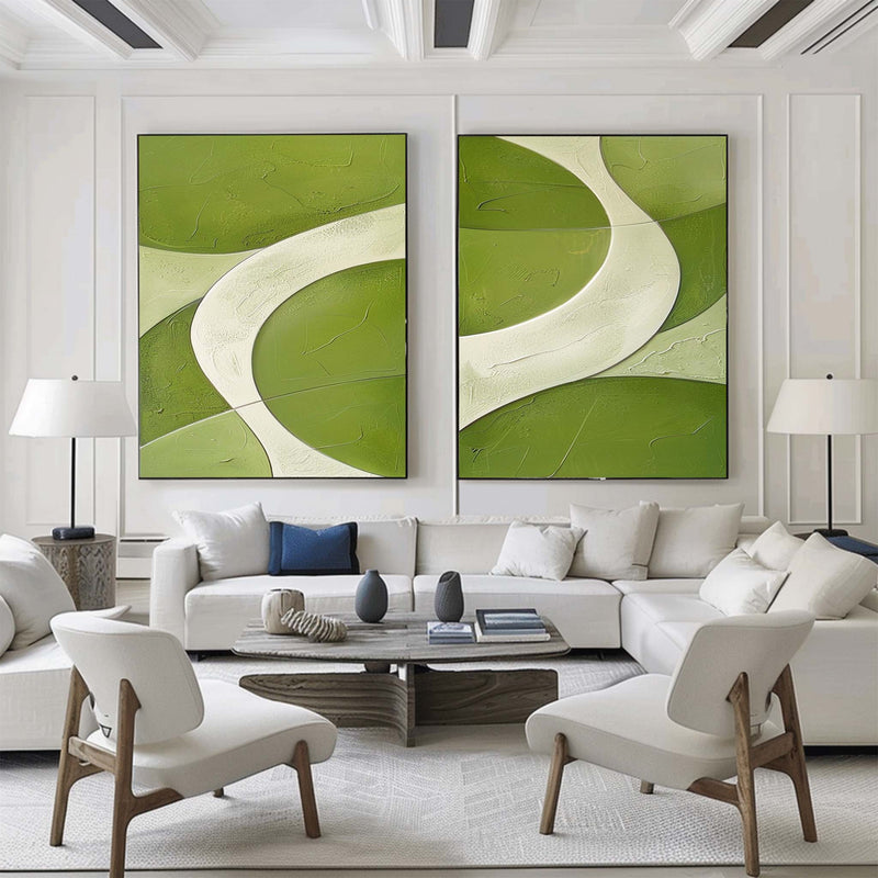 White And Green Diptych Painting 2 piece Minimalist Art Abstract Canvas Wall Art For Living Room