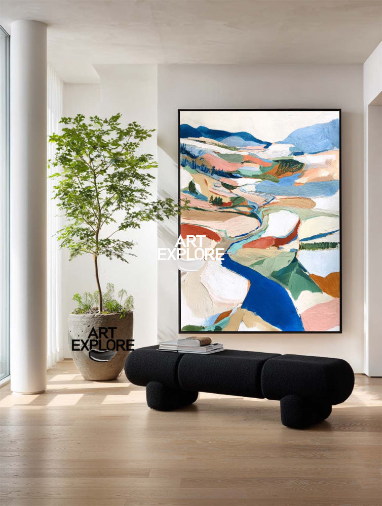 Handmade Textured Oil Painting Of Nature Scene In Beige And Terracotta Tones