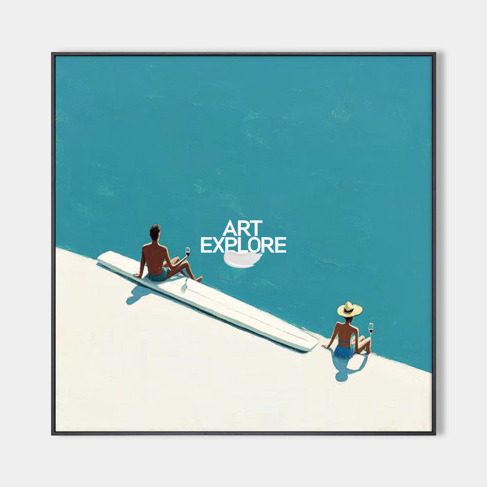 Abstract Coastal Summer Art With Turquoise Sea And Relaxing Figures For Modern Home Decor