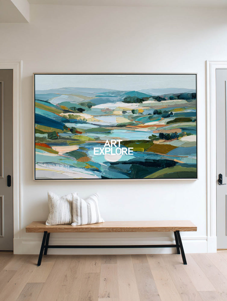 Large Horizontal Mountain Art Print With Textured Brushstrokes For Office Decor