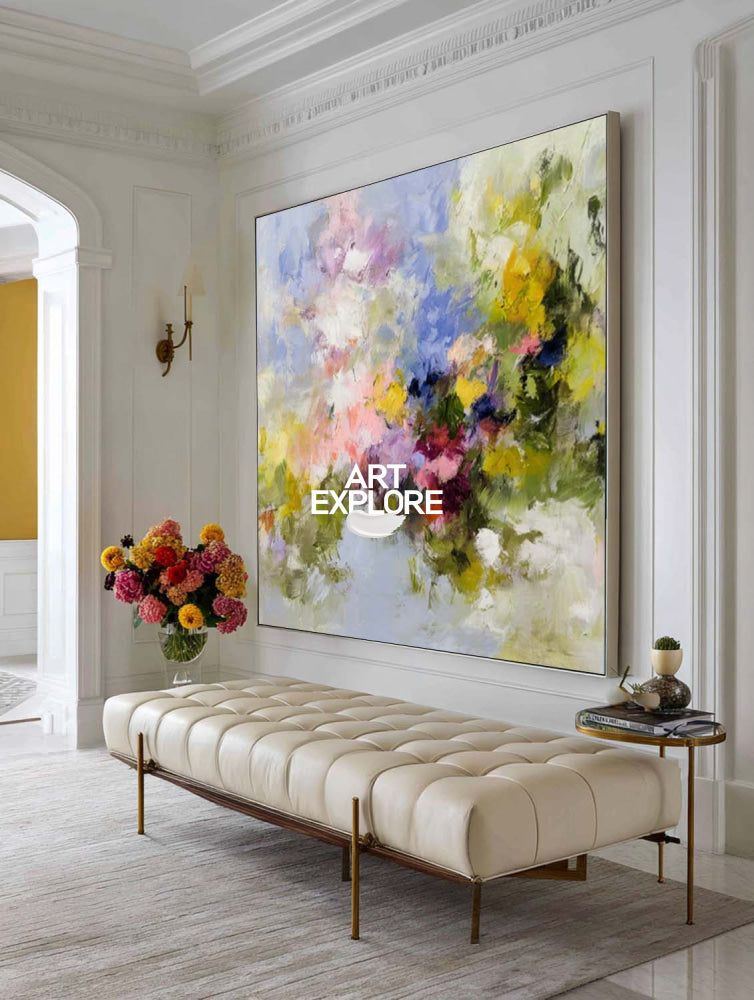 Square Abstract Meadow Painting In Pink Purple Green Yellow Blue For Bedroom Wall Art