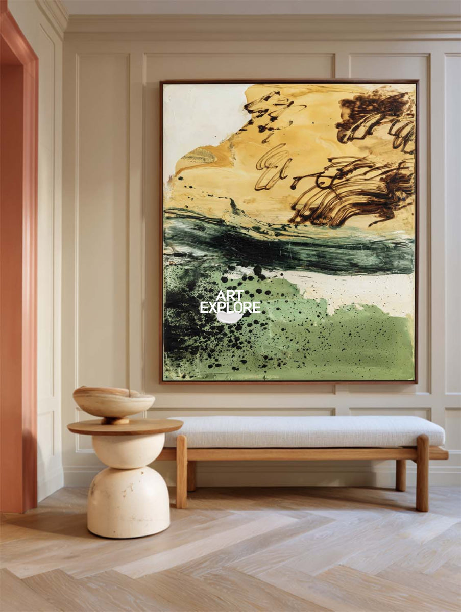 Modern Abstract Green And Gold Painting Vertical Canvas Wall Art For Living Room