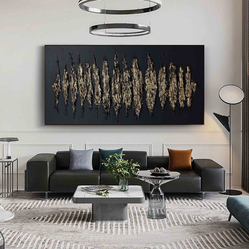 Large Black and Gold Abstract Art Minimalist Wall Art, Panoramic Canvas Wall Art Acrylic Painting