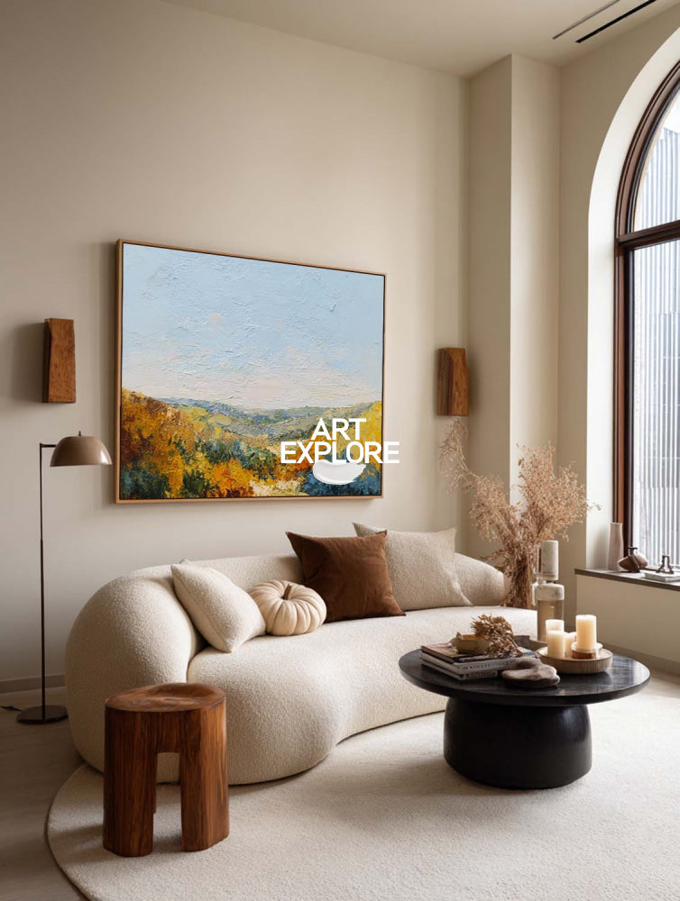 Textured Mountain Landscape Oil Painting With Golden Autumn Colors For Modern Home Decor