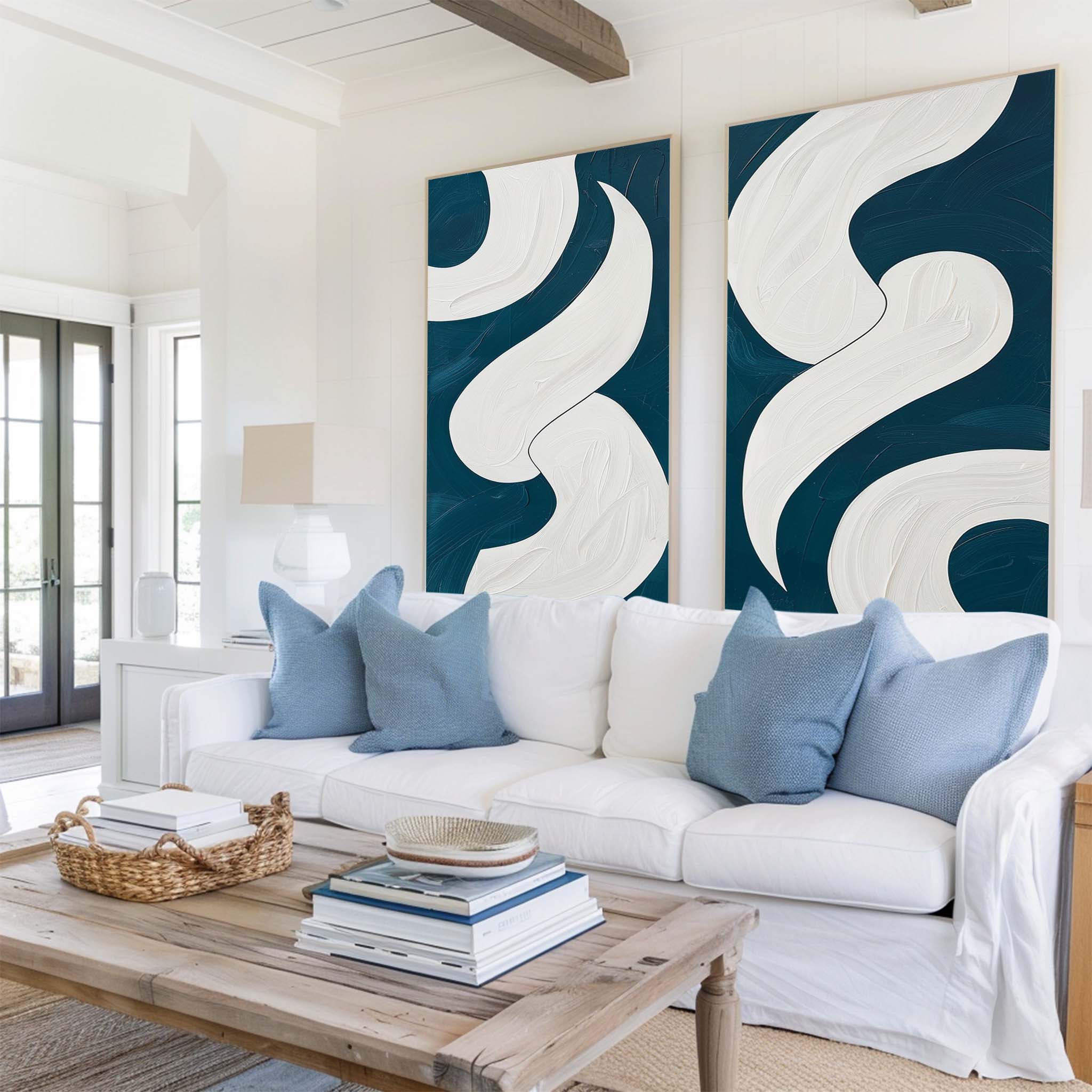 Abstract Turquoise And White Framed Wall Art Set Of 2 Geomet Shapes Painting Modern Oil Art Custom Canvas Paintings 