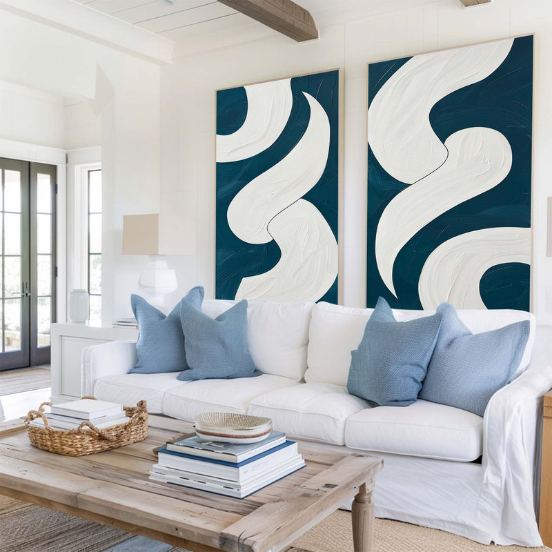 Abstract Turquoise And White Framed Wall Art Set Of 2 Geomet Shapes Painting Modern Oil Art Custom Canvas Paintings 
