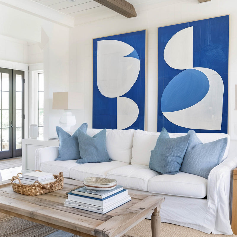 Large Blue And White Abstract Art Diptych Painting 2 piece Geometric Minimalist Art Acrylic Painting On Canvas