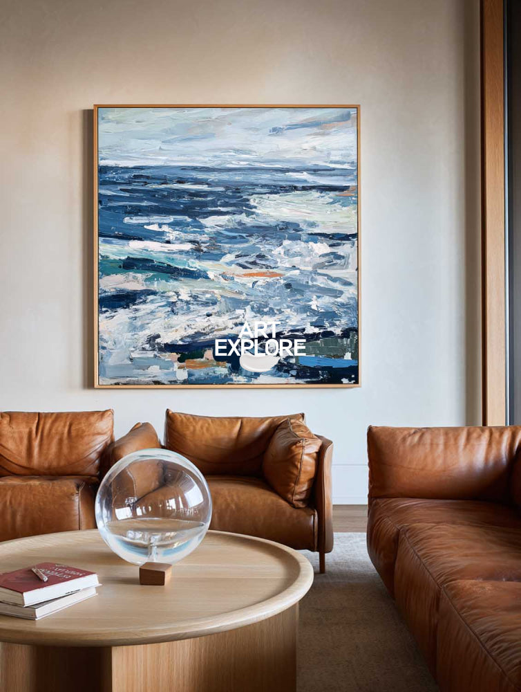 Abstract Ocean Painting Blue Seascape Art For Modern Home Decor