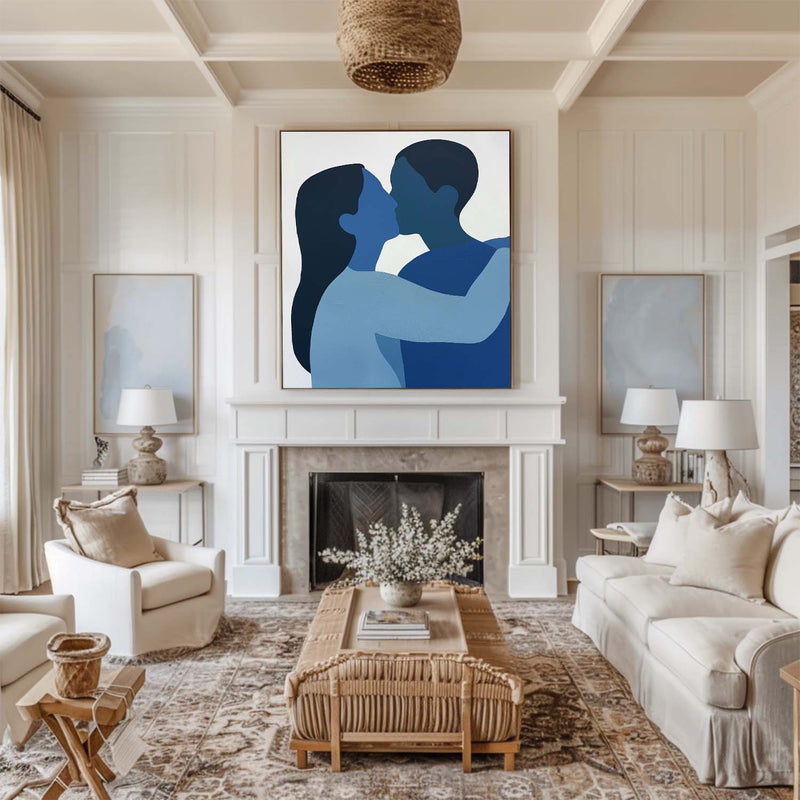 Modern Kissing Lovers Canvas Wall Art Blue Canvas Art Large Minimalist Portrait Painting For Sale