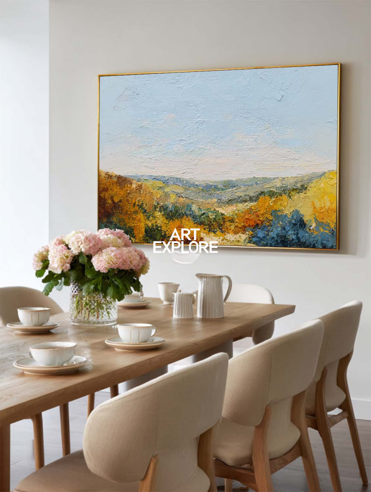 Textured Mountain Landscape Oil Painting With Golden Autumn Colors For Modern Home Decor