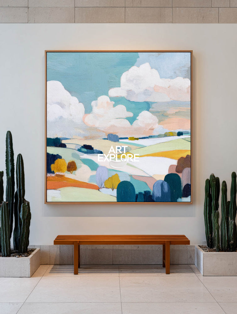 Textured Abstract Landscape Painting With Rolling Hills And Soft Colors For Modern Home Decor