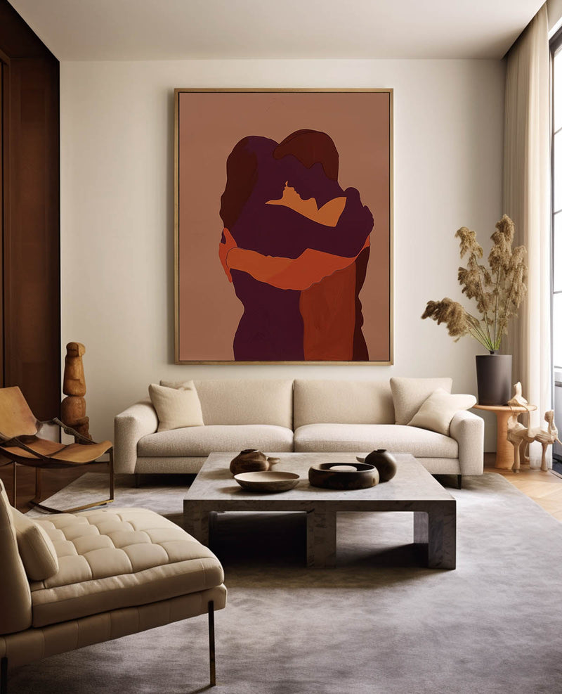 Large Red Minimalist Loving Couple Canvas Painting Kissing Lovers Painting Modern Abstract Painting 
