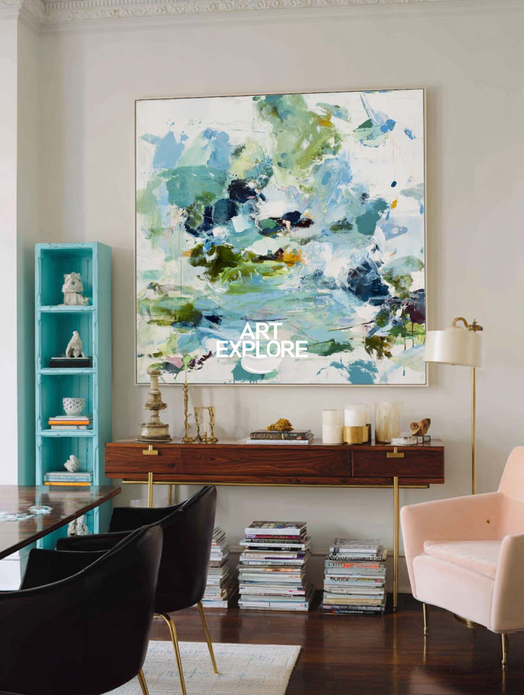 Vibrant Abstract Pond Painting With Green And Blue Hues For Modern Home Decor