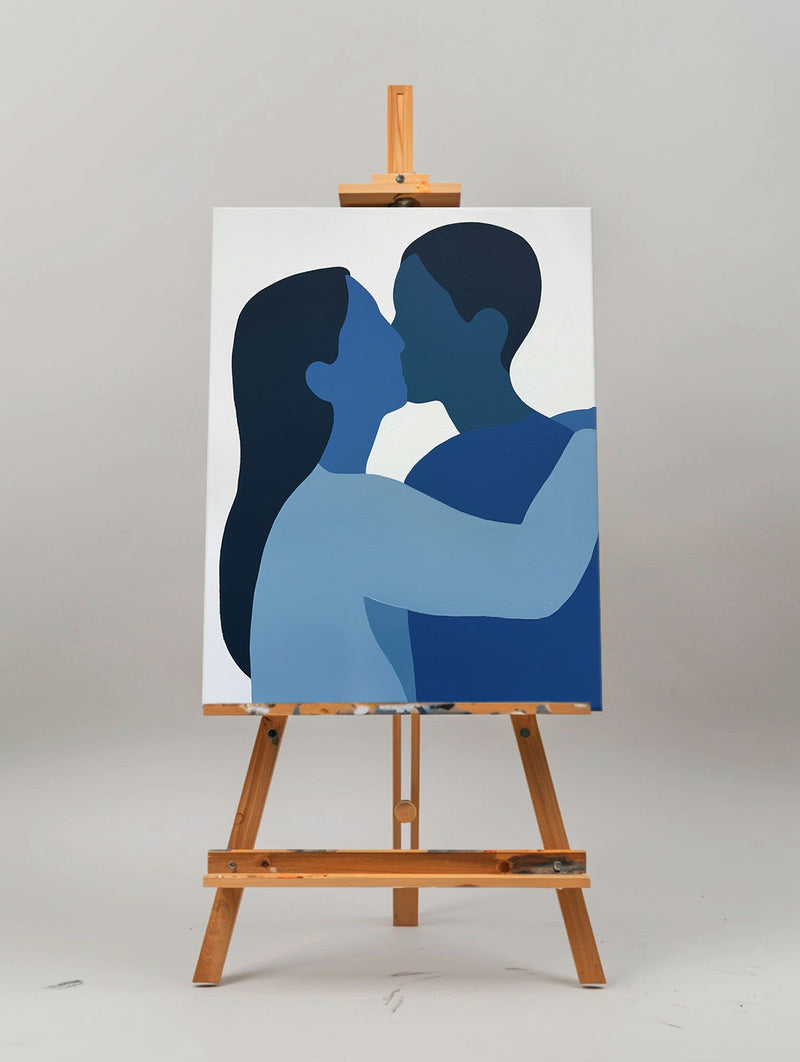 Modern Kissing Lovers Canvas Wall Art Blue Canvas Art Large Minimalist Portrait Painting For Sale