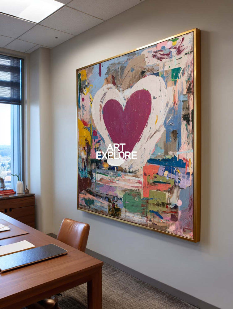 Textured Abstract Square Painting With Bold Heart Motif Contemporary Home Art