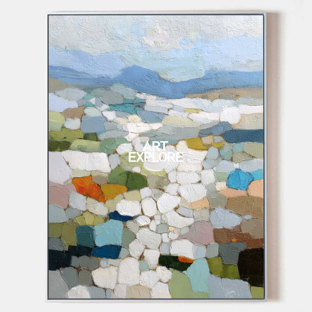 Mosaic Landscape Oil Painting With Textured Brushwork For Modern Living Room Decor