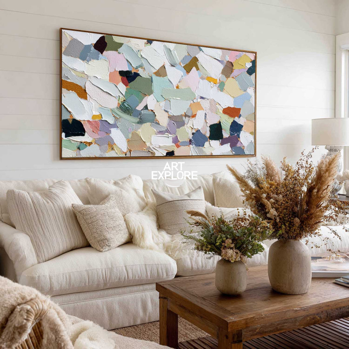 Modern Mosaic Abstract Art With Impasto Texture For Contemporary Living Room Decor