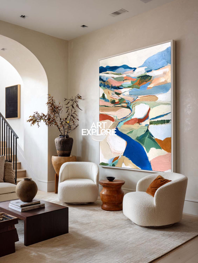 Handmade Textured Oil Painting Of Nature Scene In Beige And Terracotta Tones