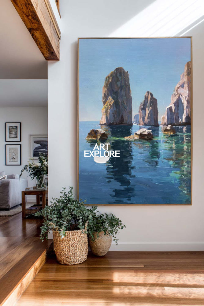 Abstract Seascape Art With Textured Rocks And Calm Blue Water For Office Decor
