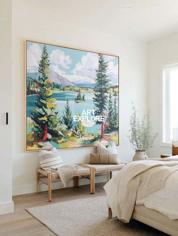Abstract Green Landscape Painting With Trees And Lake For Modern Living Room Decor