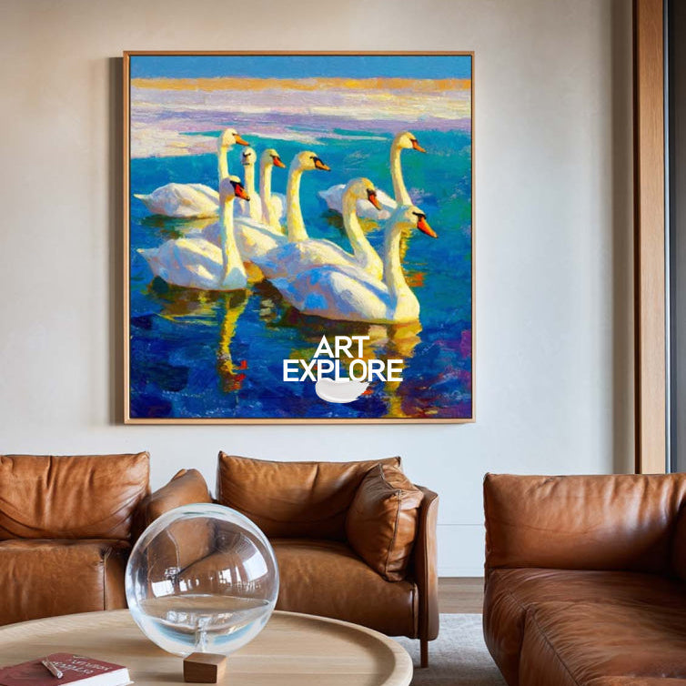 Original Textured Oil Painting Of Swans On Blue Water For Living Room Decor