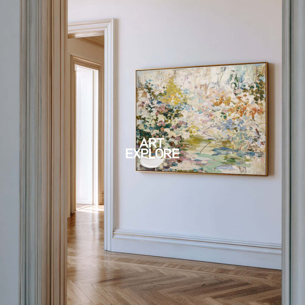 Abstract Botanical Garden Painting With Textured Impasto For Modern Home Decor