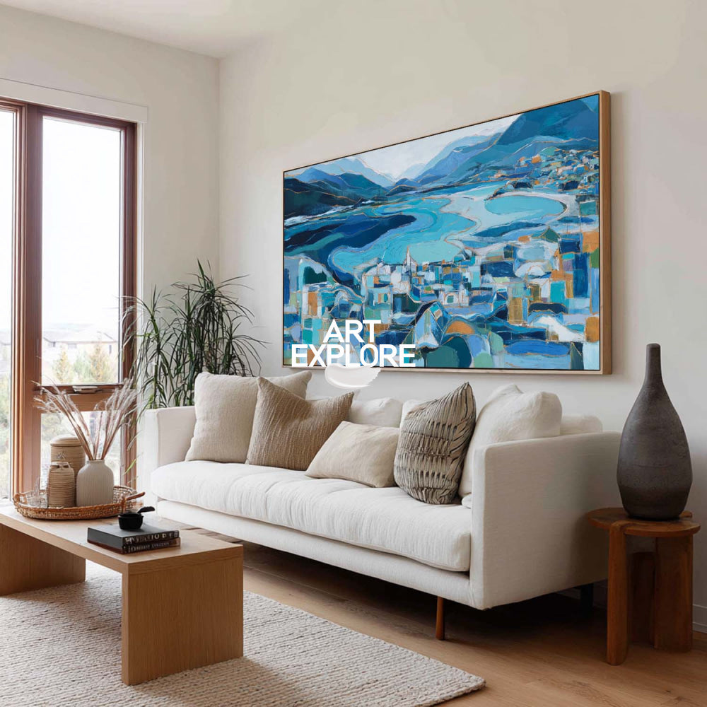 Abstract Coastal Seascape Painting With Gold Accents For Modern Living Room Decor