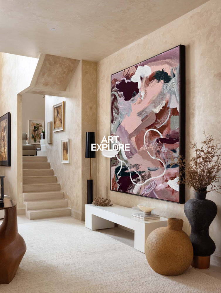 Modern Pink Abstract Painting Vertical Canvas Wall Art For Contemporary Living Room Decor