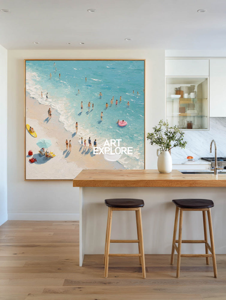 Modern Abstract Beach Painting With Textured Waves For Coastal Living Room Decor