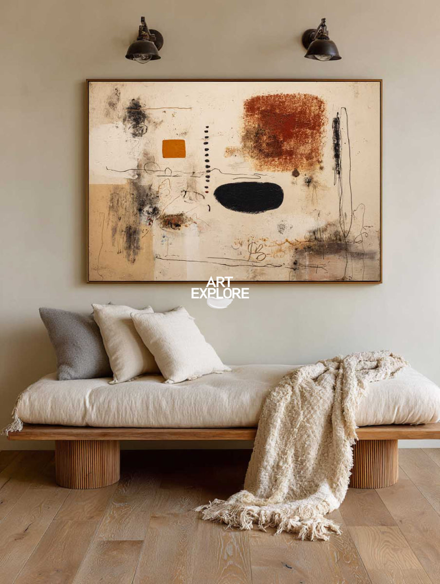 Large Modern Abstract Painting With Earthy Beige And Black Tones For Living Room Decor