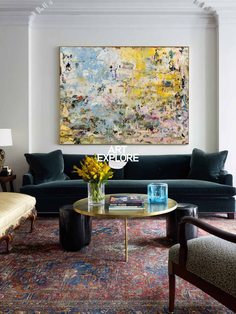 Modern Yellow And Blue Abstract Painting For Living Room Wall Art Decor