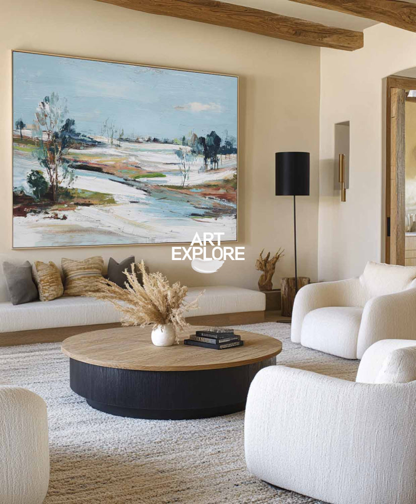 Original Oil Painting Of Frozen Shoreline In Blue Green Brown Tones Ideal For Calm And Sophisticated Interior Design