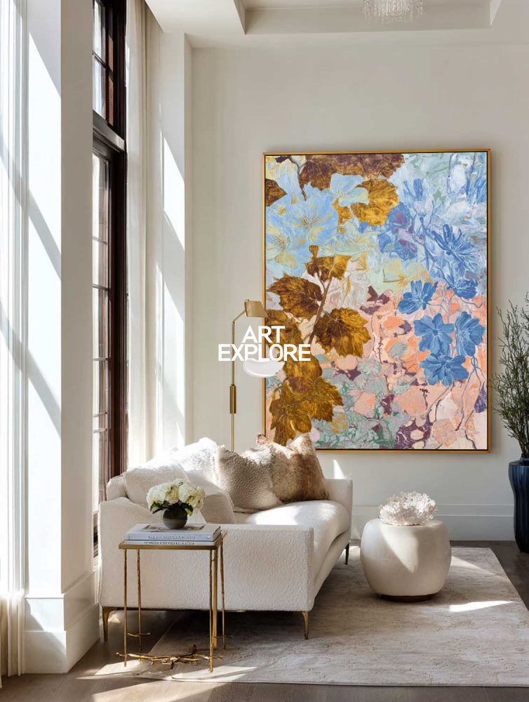Original Blue And Gold Botanical Abstract Art Painting For Modern Home Decor
