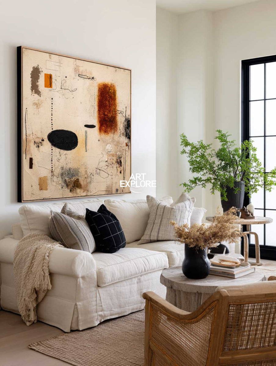 Modern Textured Abstract Painting In Beige And Earth Tones For Living Room Decor