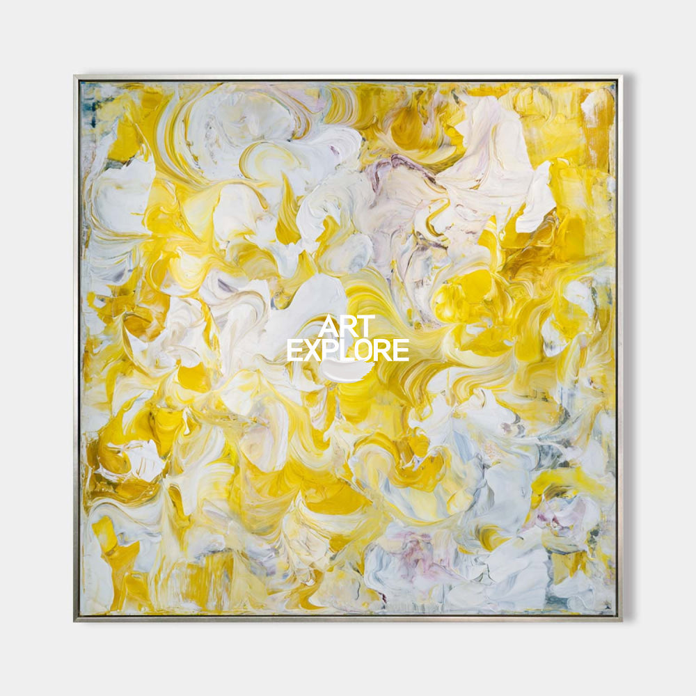 Vibrant Yellow Abstract Painting For Modern Living Room With Dynamic Brushstrokes